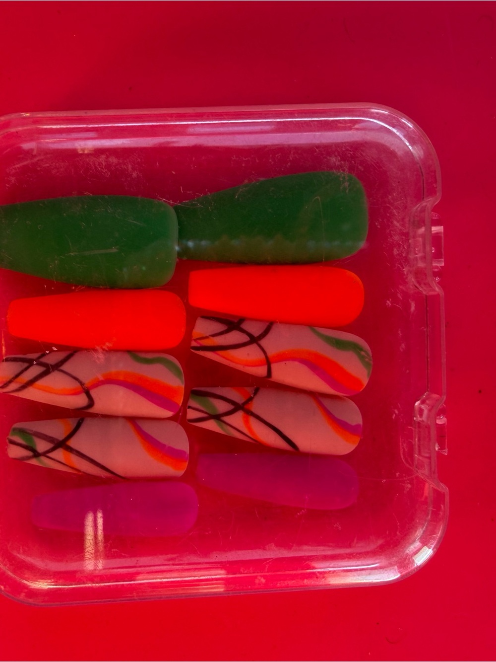 Neon Orange, Green, Pink with Multicolor Swirl Design Press-Ons